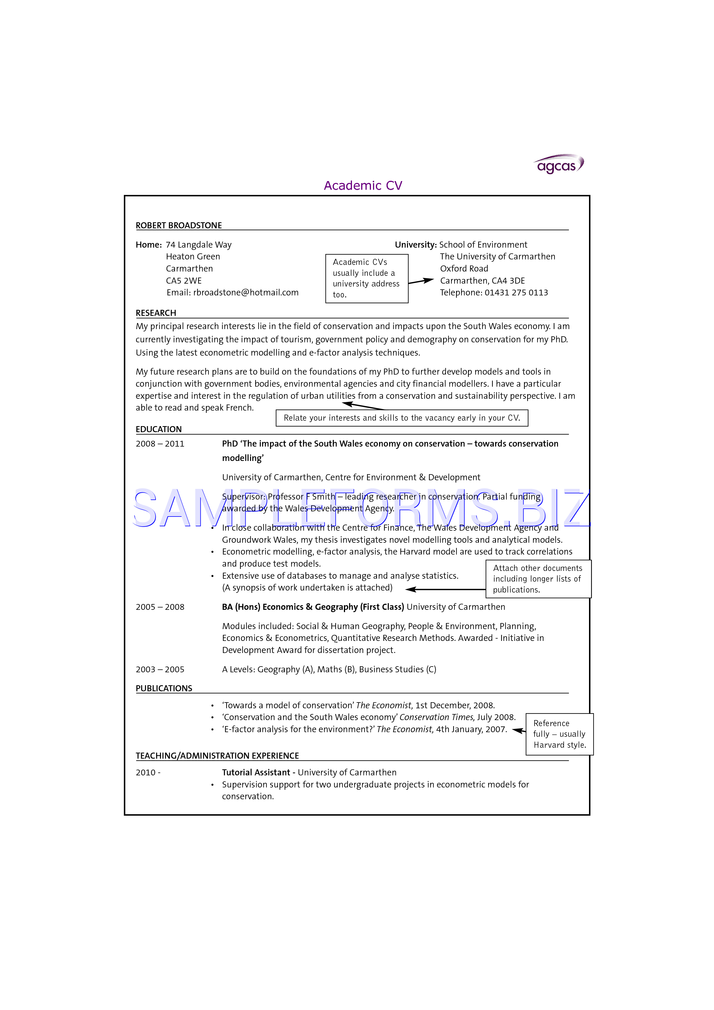 Preview free downloadable Academic CV in PDF (page 1)